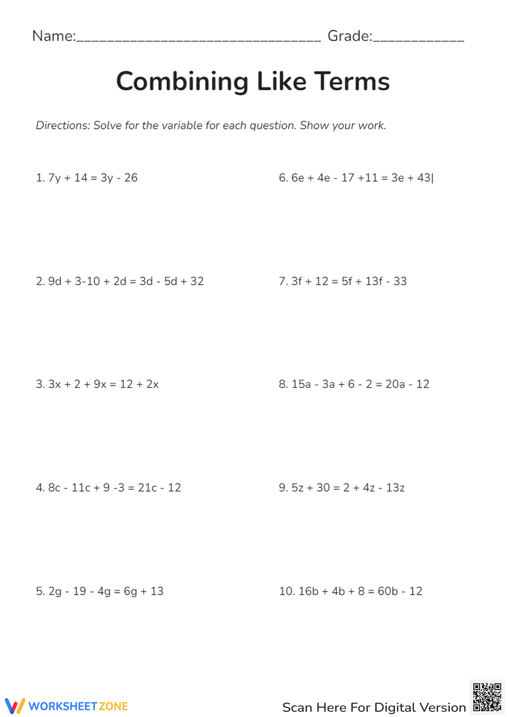 Combining Like Terms: Algebra Practice Worksheet + Example - Page 2