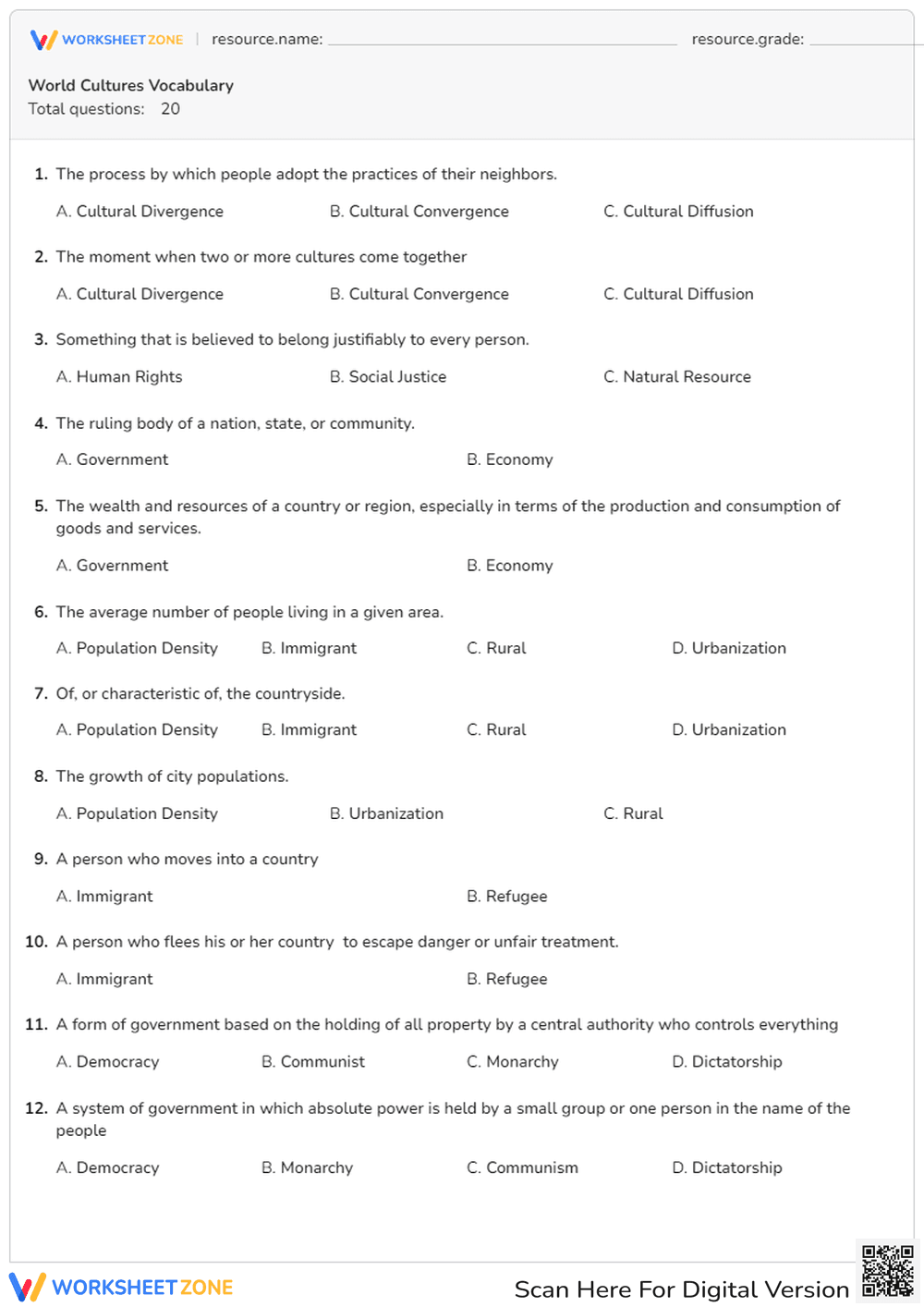 World Cultures Vocabulary Quiz - Page 1