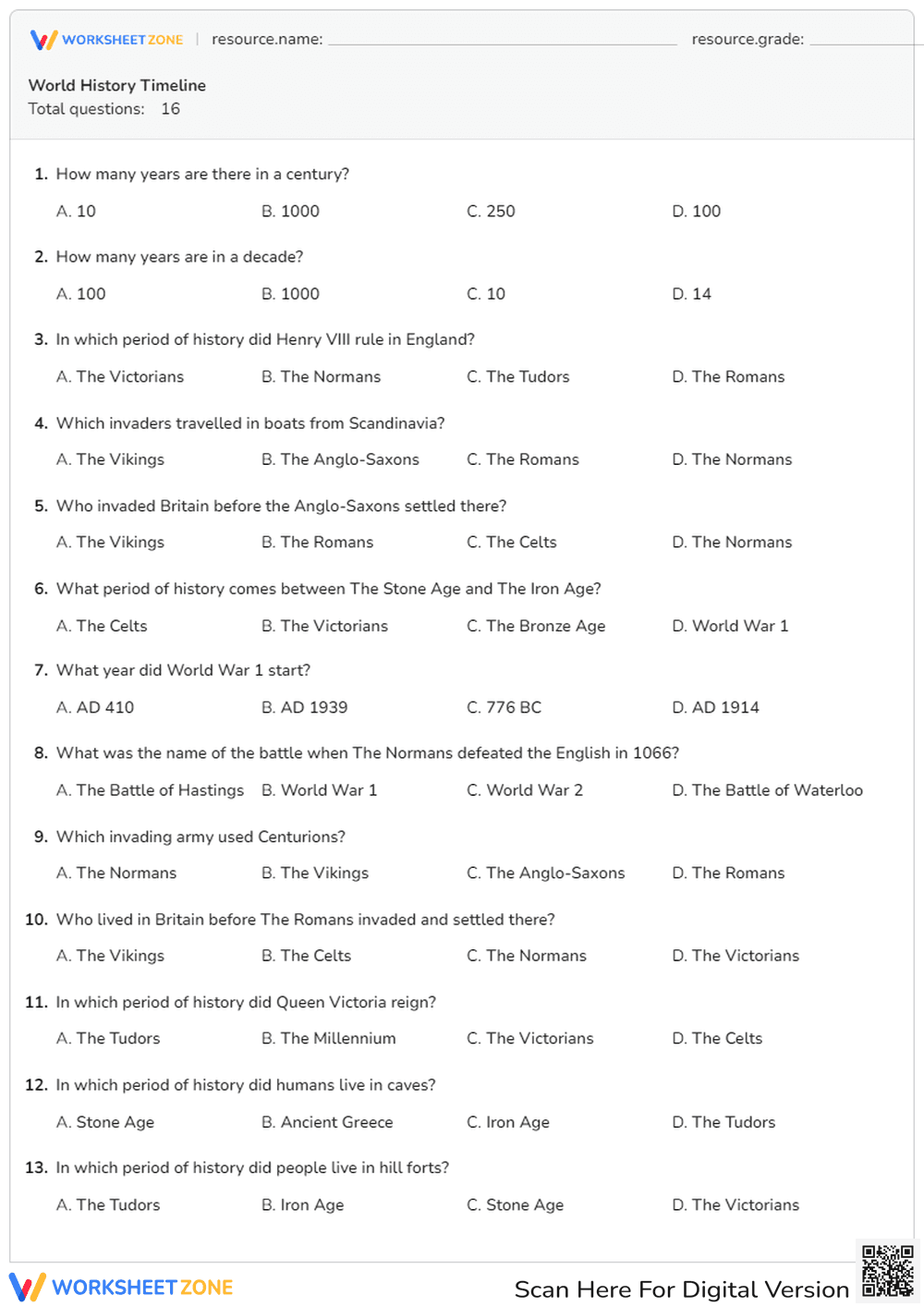 World History Timeline Quiz - Page 1