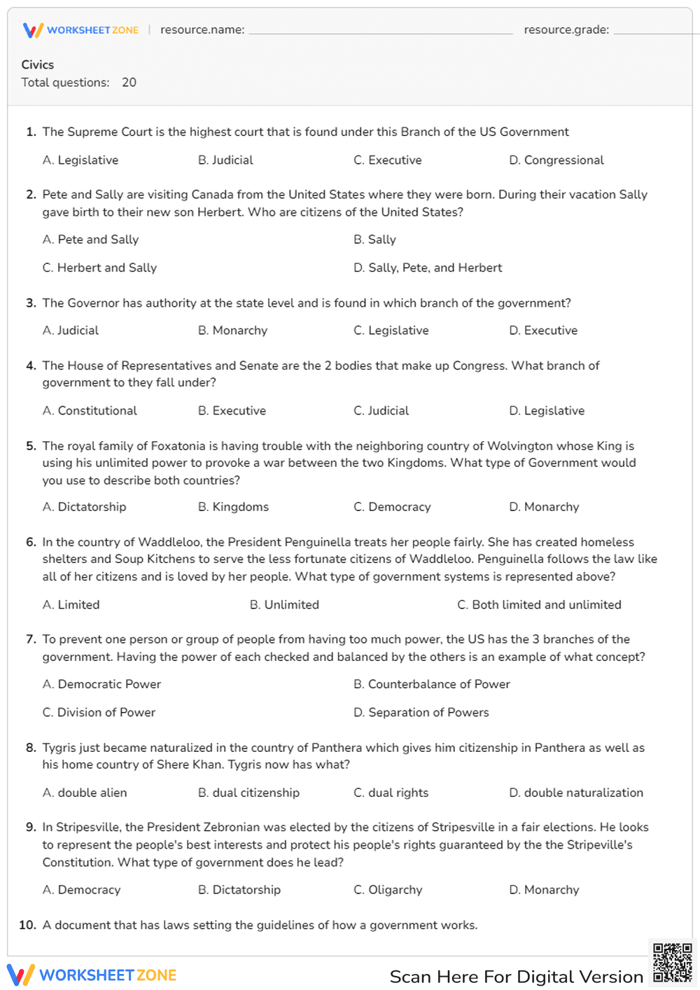 Civics & Government Systems Quiz - Page 1