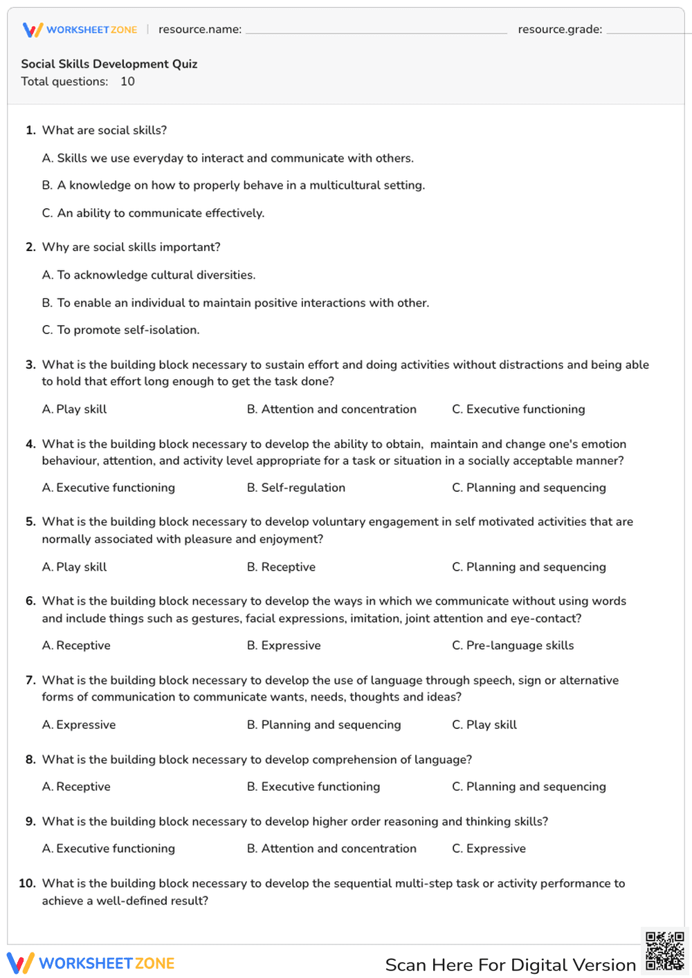 Social Skills Development Quiz - Page 1