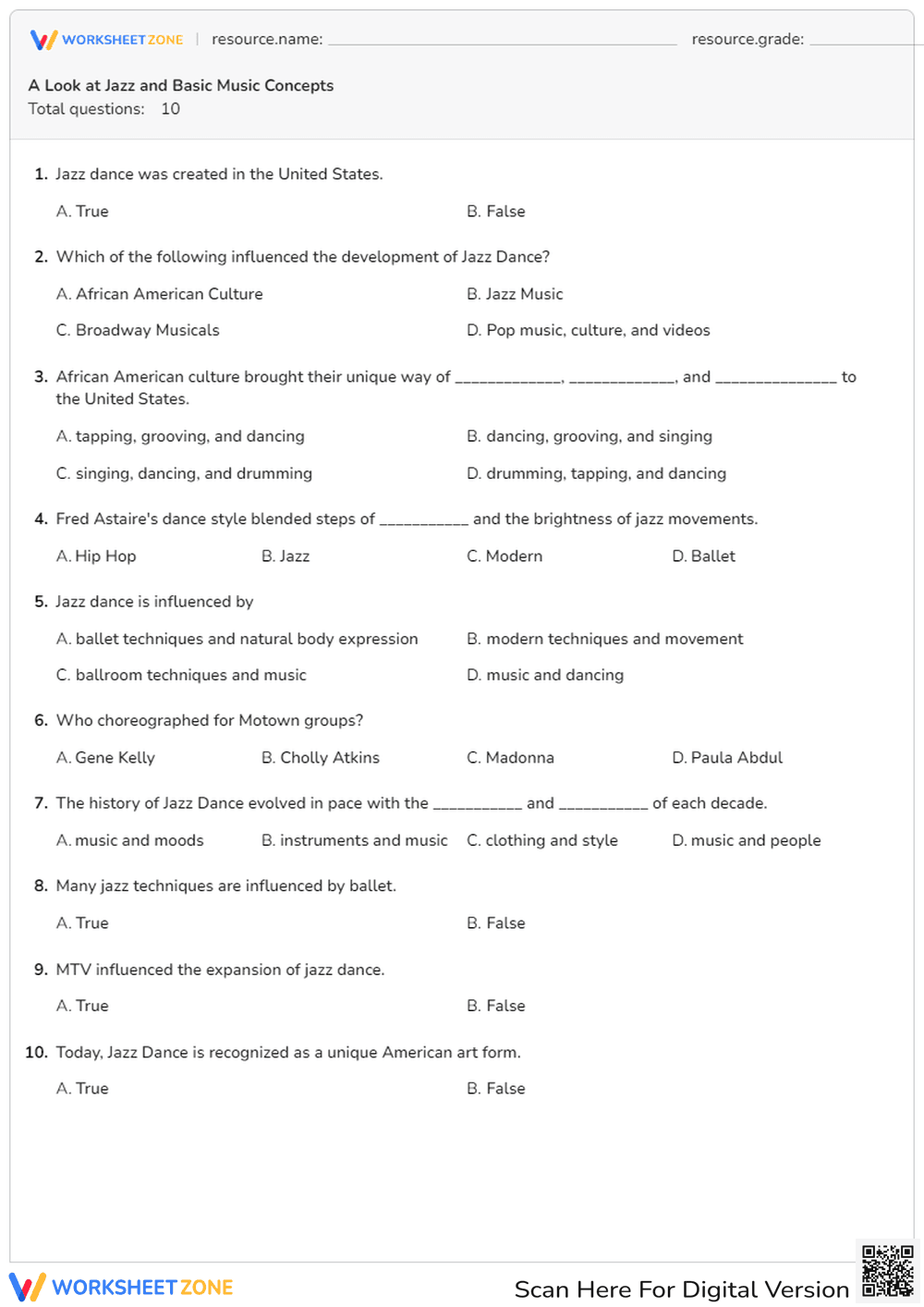 Jazz Dance History Quiz - Page 1