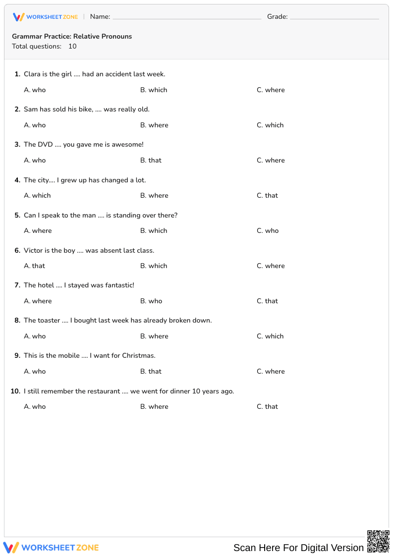 Grammar Practice: Relative Pronouns - Page 1