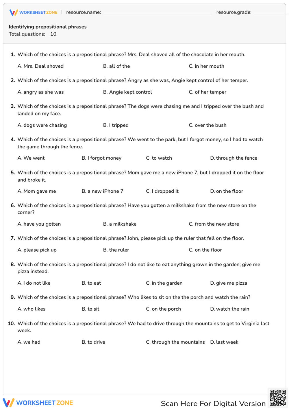 Identifying Prepositional Phrases Quiz: Grammar Practice - Page 1