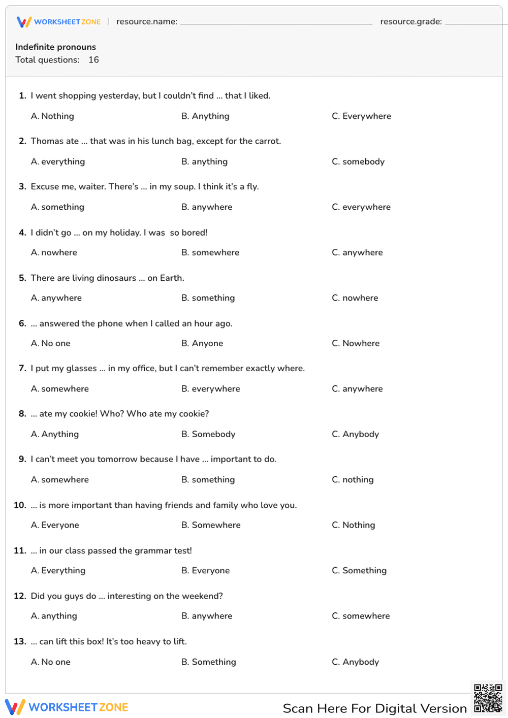 Grammar Worksheet on Indefinite Pronoun - Page 1