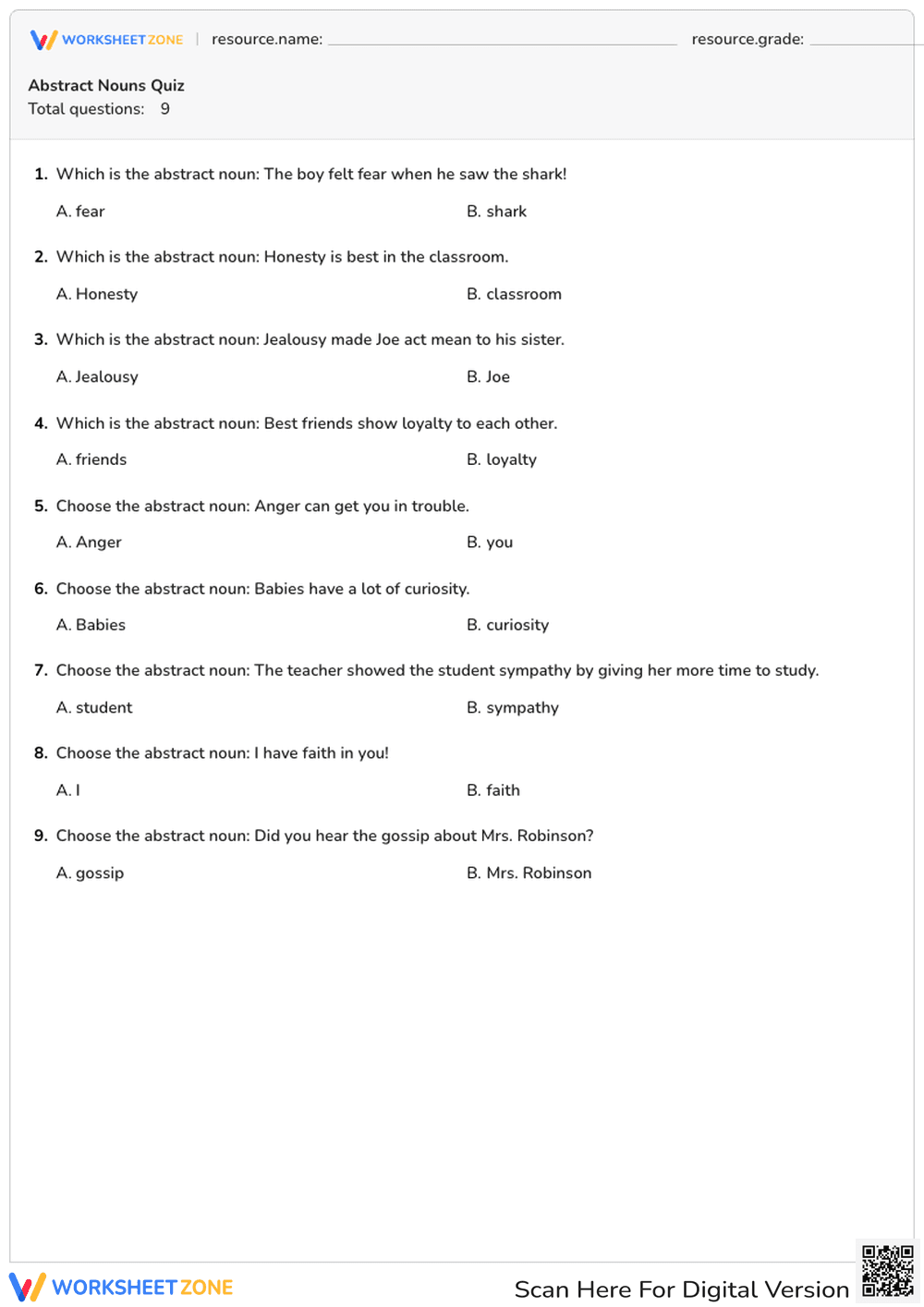 Identify Abstract Nouns - Page 1