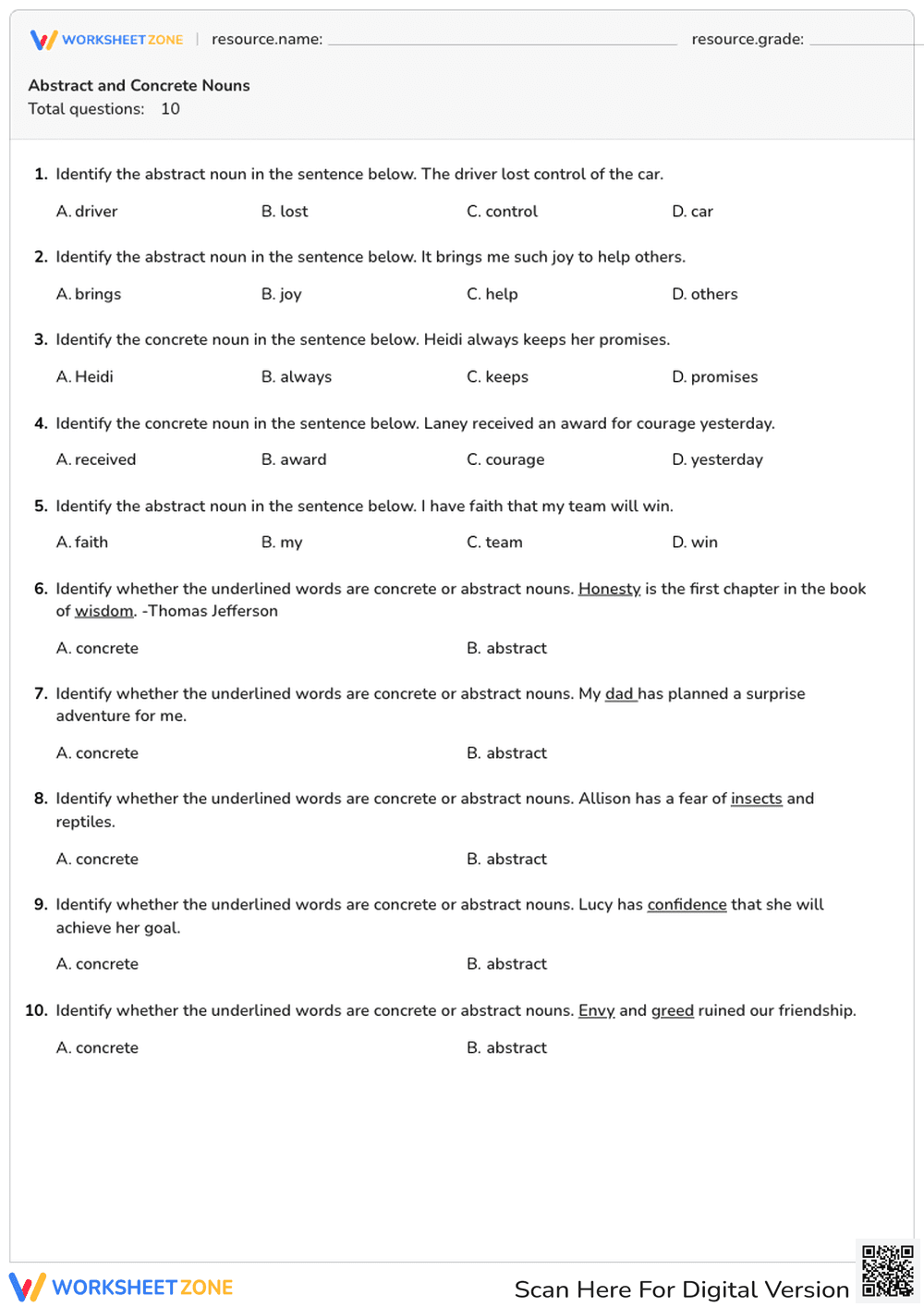 Differentiating Abstract and Concrete Nouns - Page 1