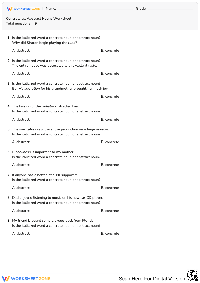 Concrete vs. Abstract Nouns Worksheet - Page 1