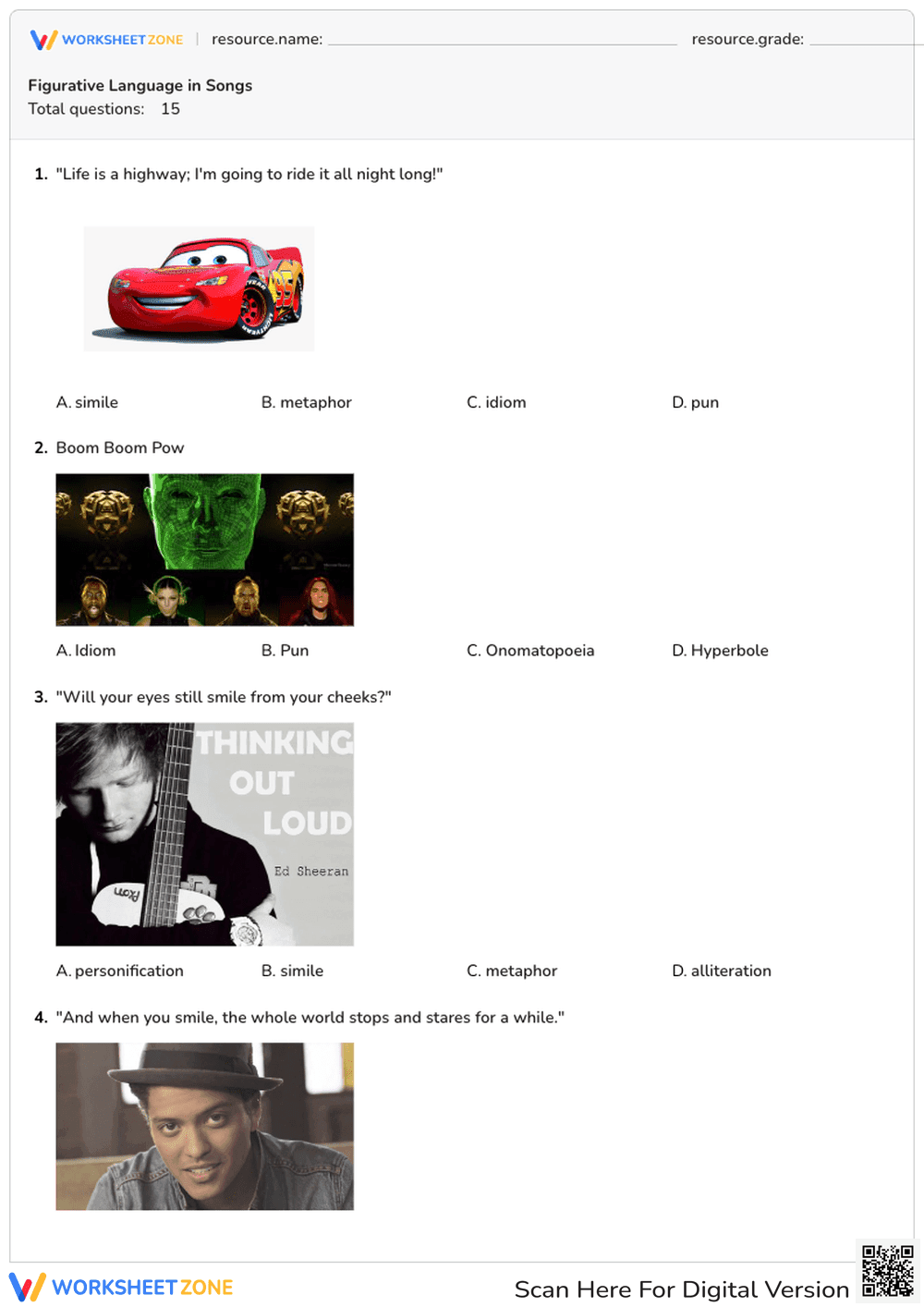Figurative Language in Songs: A Literary Quiz - Page 1