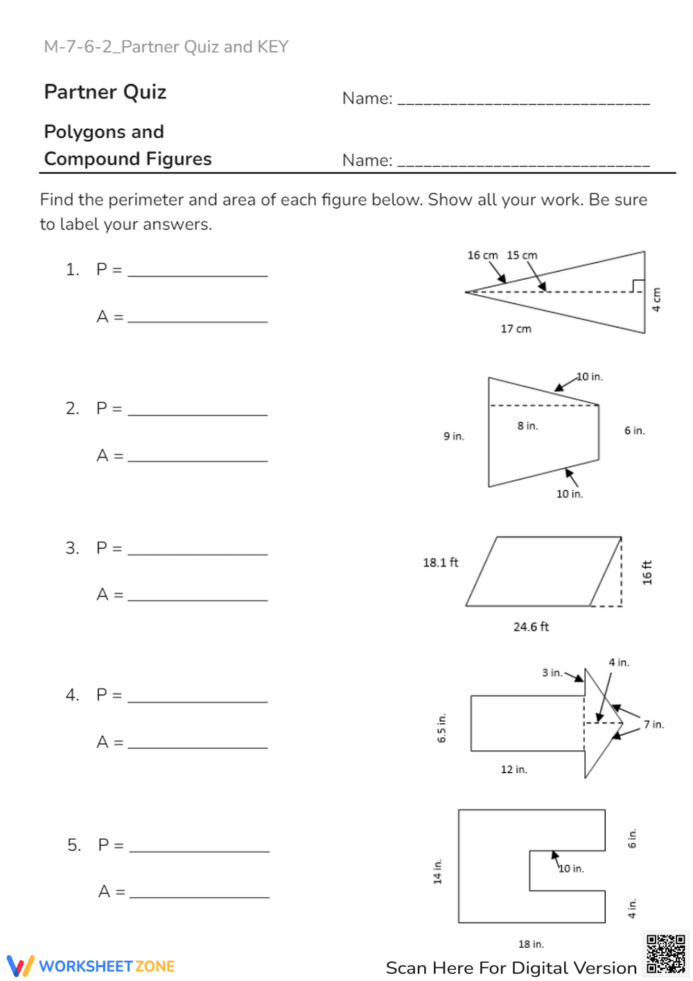 Perimeter & Area of Polygons Quiz - Math Worksheet Challenge - Page 1