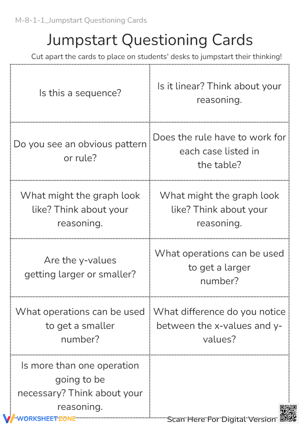Math Jumpstart Questioning Cards - Patterns, Sequences, & Functions - Page 1