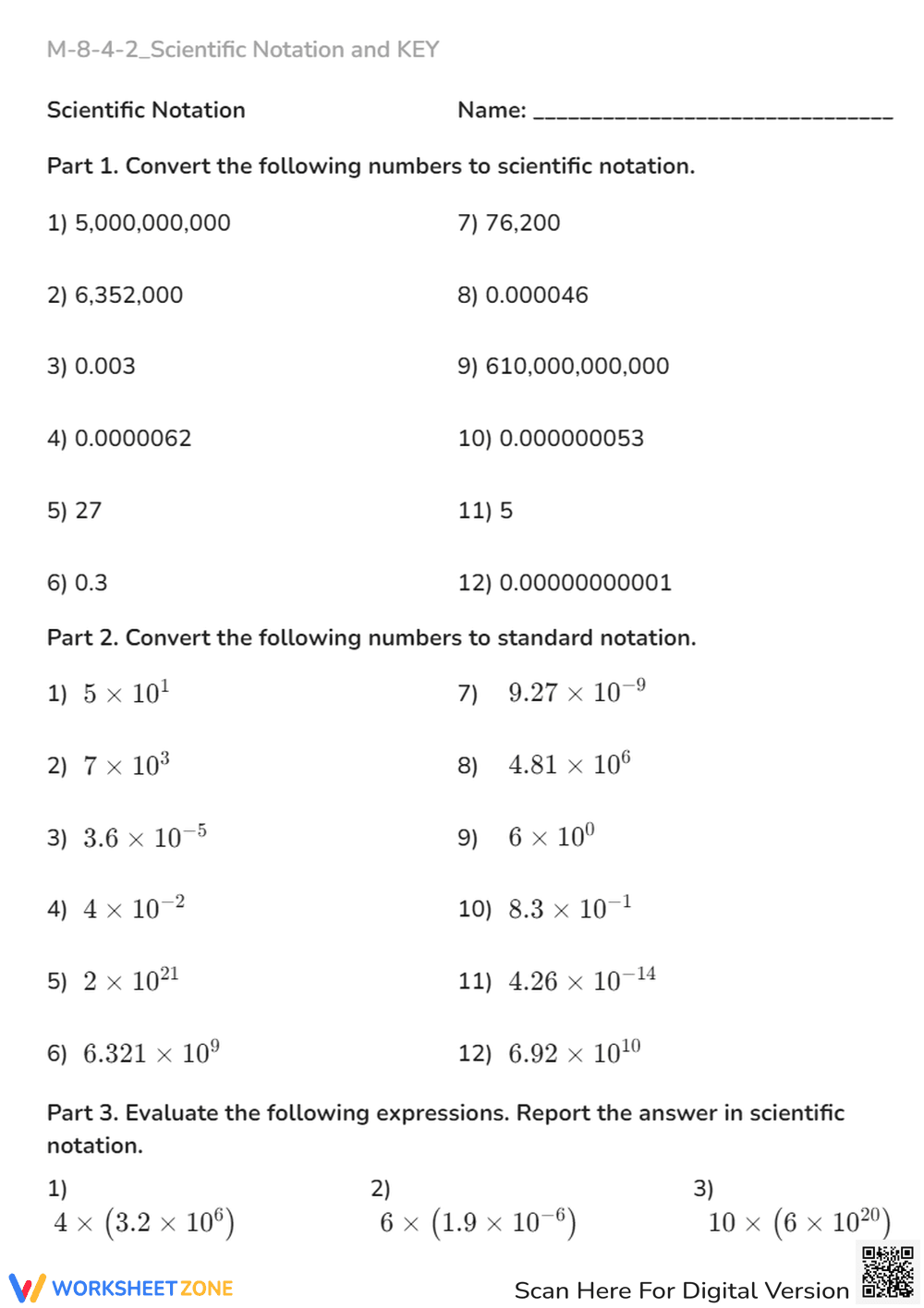 Scientific Notation Practice: Convert & Evaluate - Grades 7-9 - Page 1