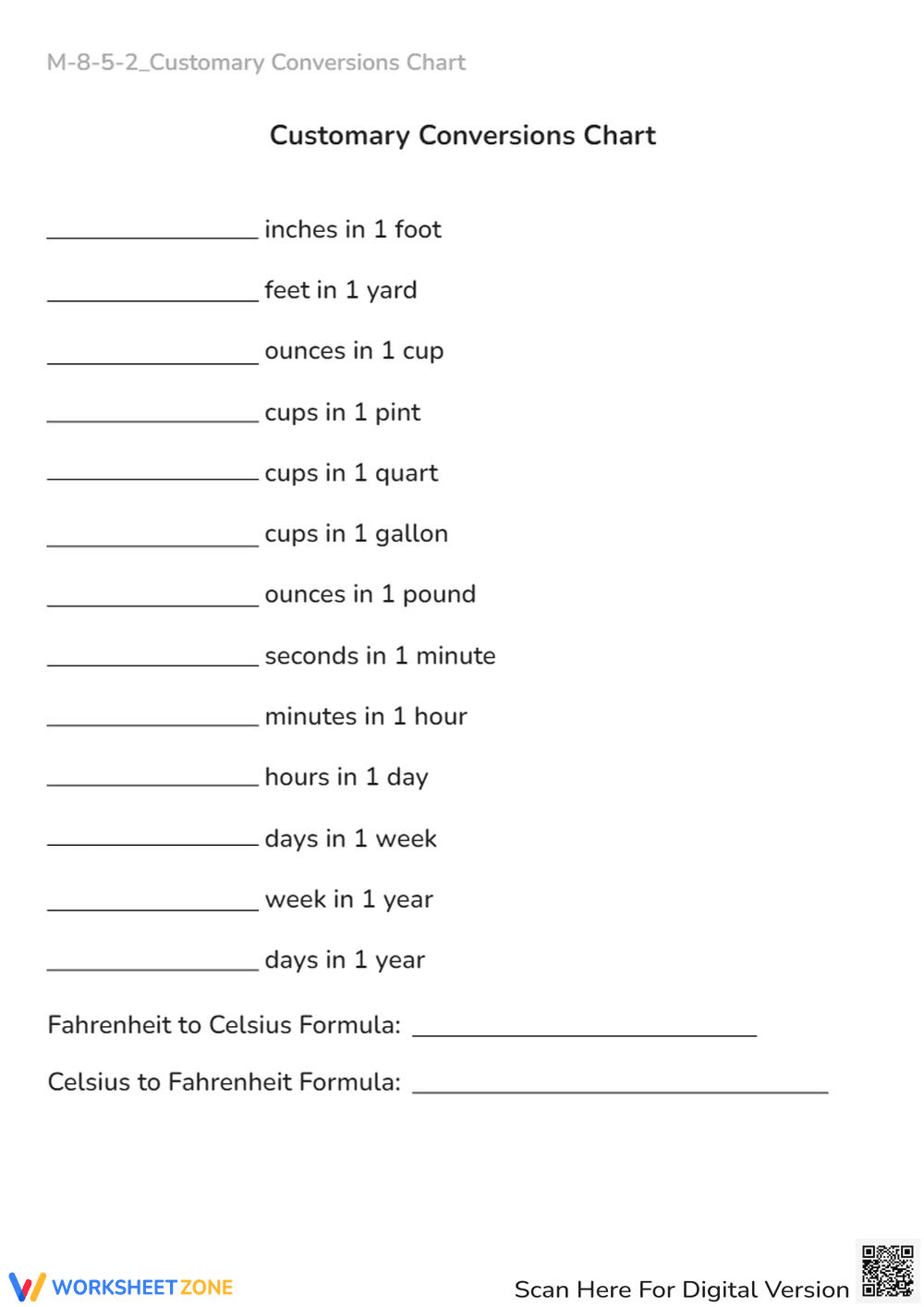 Customary Conversions Chart: Math Aid M-8-5-2 - Page 1