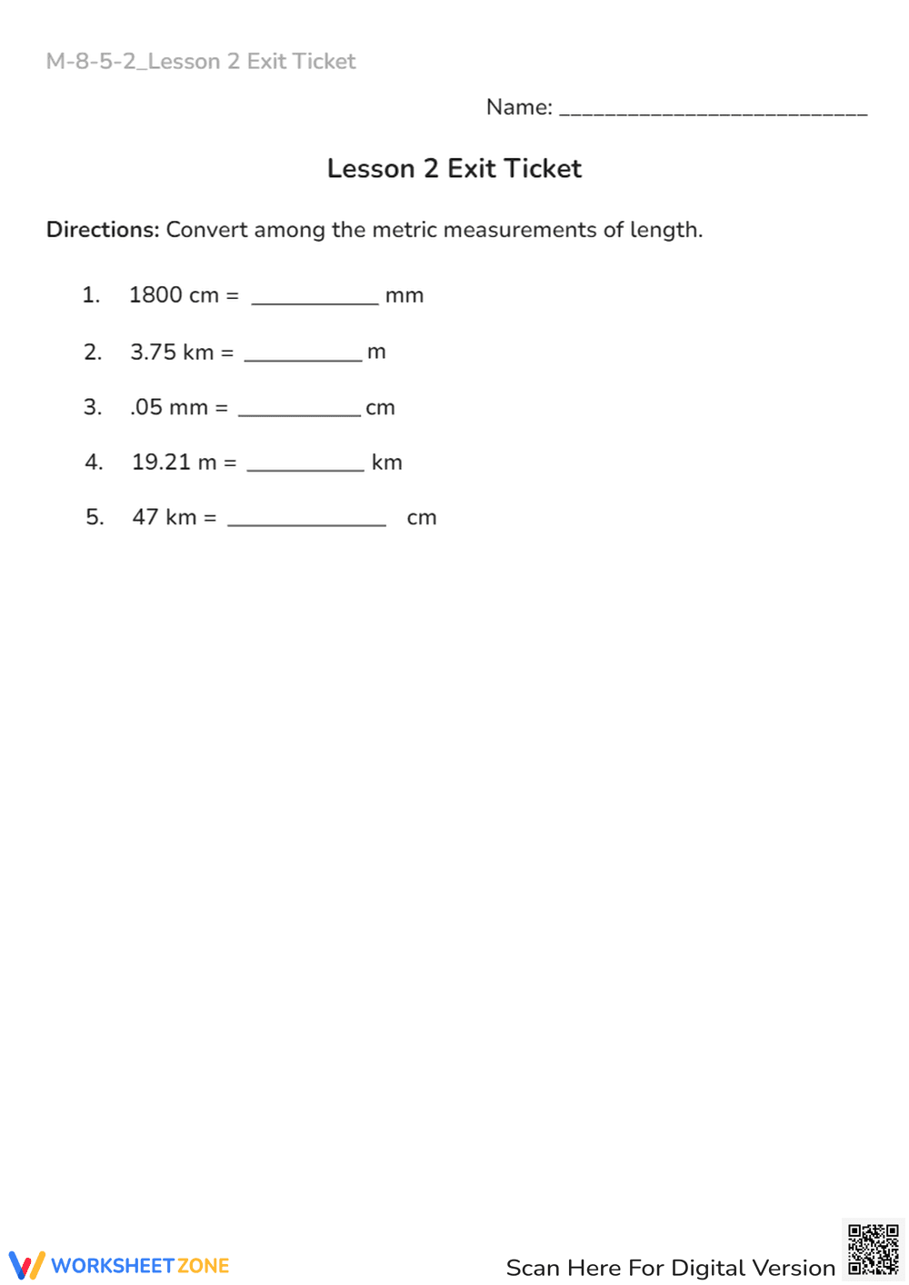 Metric Length Conversion Practice - cm, mm, km, m - Exit Ticket - Page 1