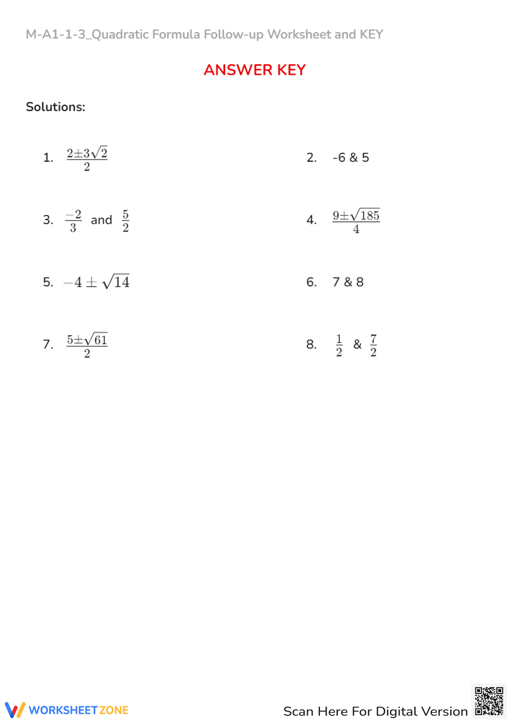 Quadratic Formula Practice - Algebra 1 & 2 Worksheet with Key - Page 2