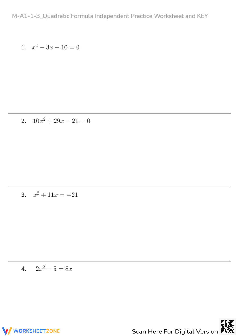 Quadratic Formula Practice: Solve for X - Algebra Worksheet + Key - Page 1