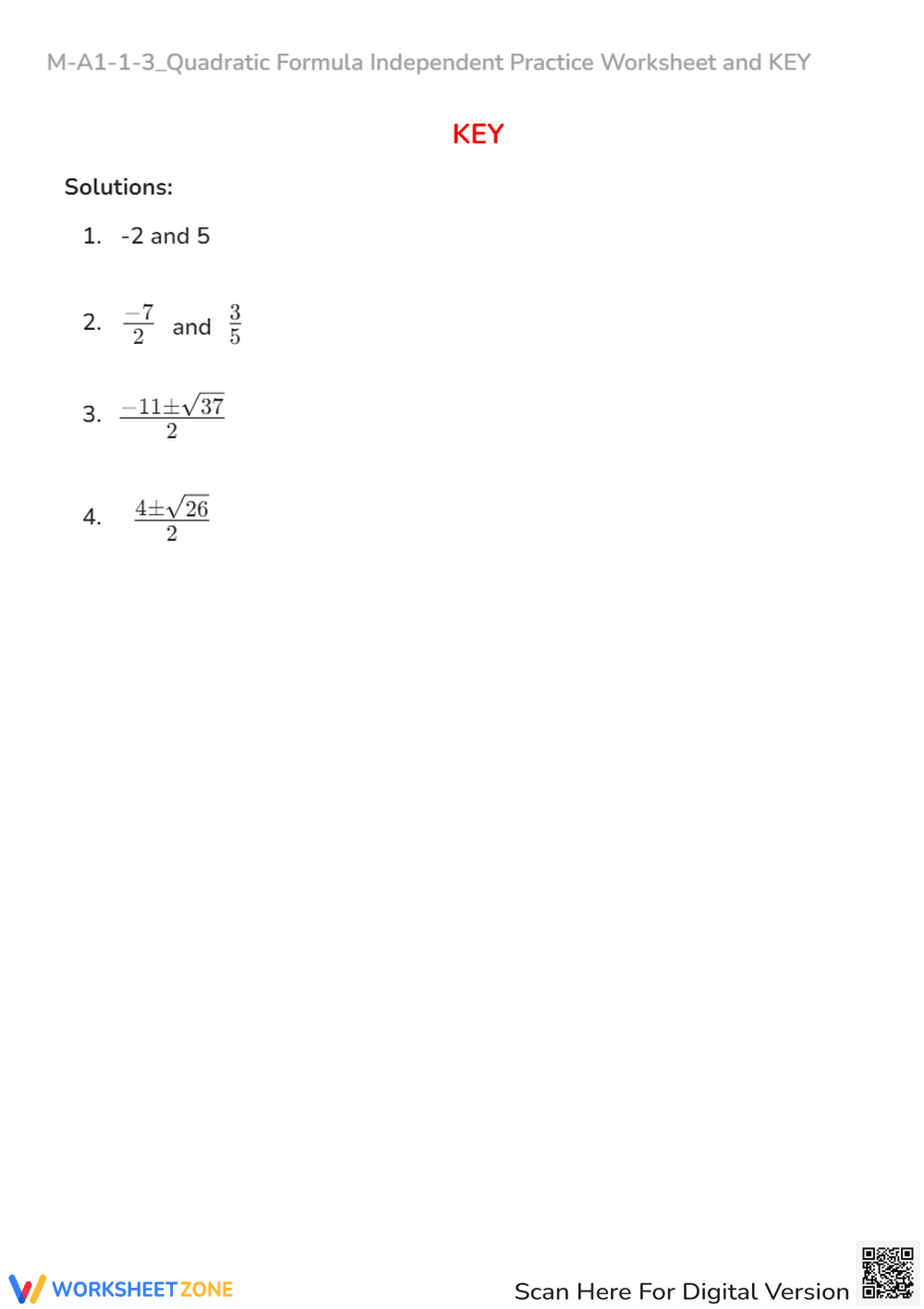 Quadratic Formula Practice: Solve for X - Algebra Worksheet + Key - Page 2