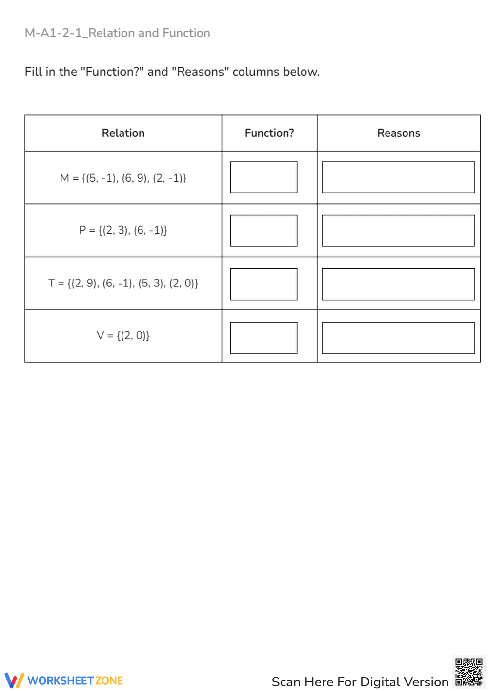 Relations & Functions Worksheet - Is it a Function? Algebra 1 - Page 1