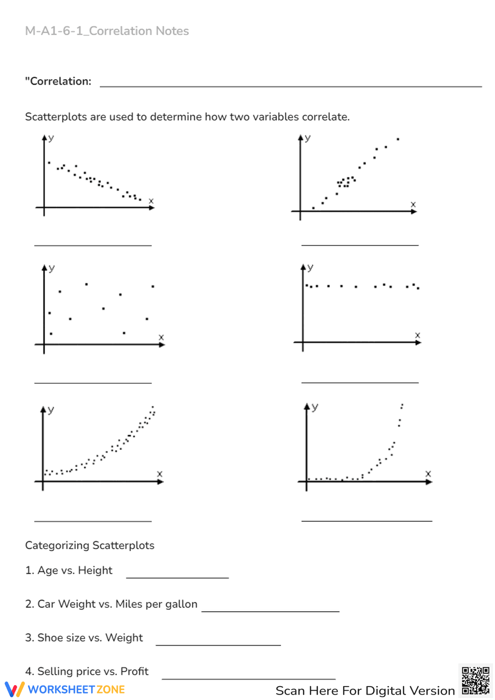 Correlation & Scatterplot Worksheet - Positive, Negative, or None - Page 1