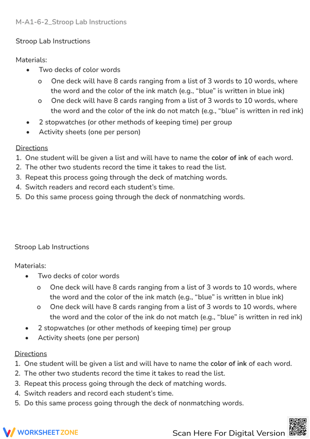 Stroop Effect Lab: Color Word Test - Cognitive Psychology Activity - Page 1