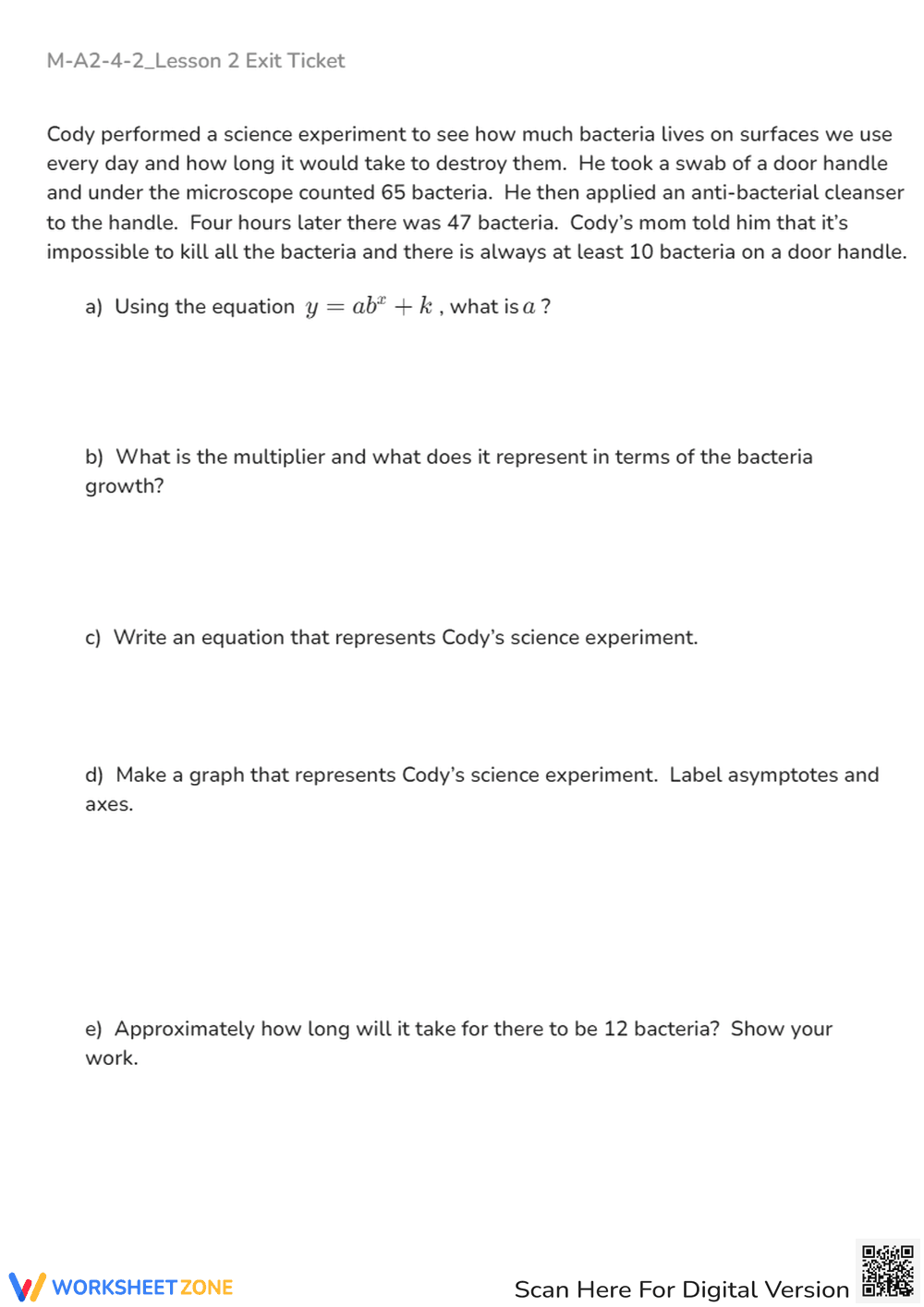 Exponential Decay: Bacteria Experiment & Asymptotes Worksheet - Page 1