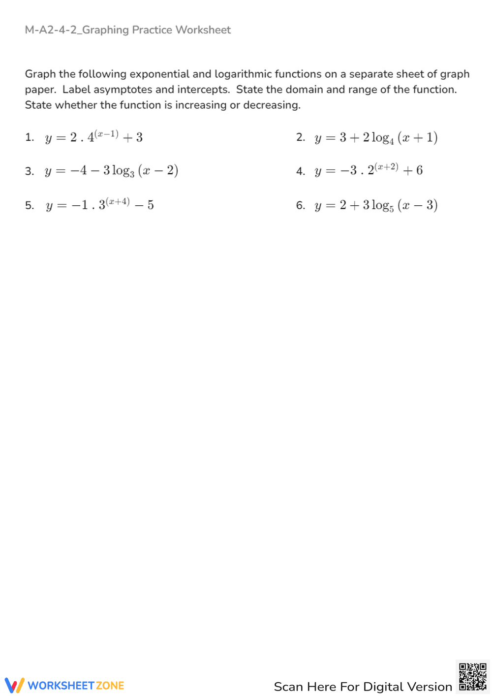 Exponential & Logarithmic Functions Graphing Practice Worksheet - Page 1