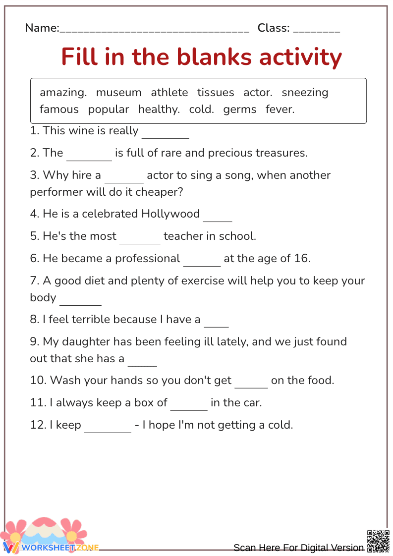 Fill in the Blanks Activity Worksheet - Page 1