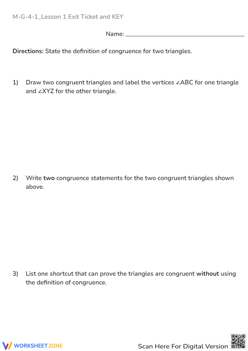 Triangle Congruence Worksheet - Geometry Exit Ticket Activity - Page 1