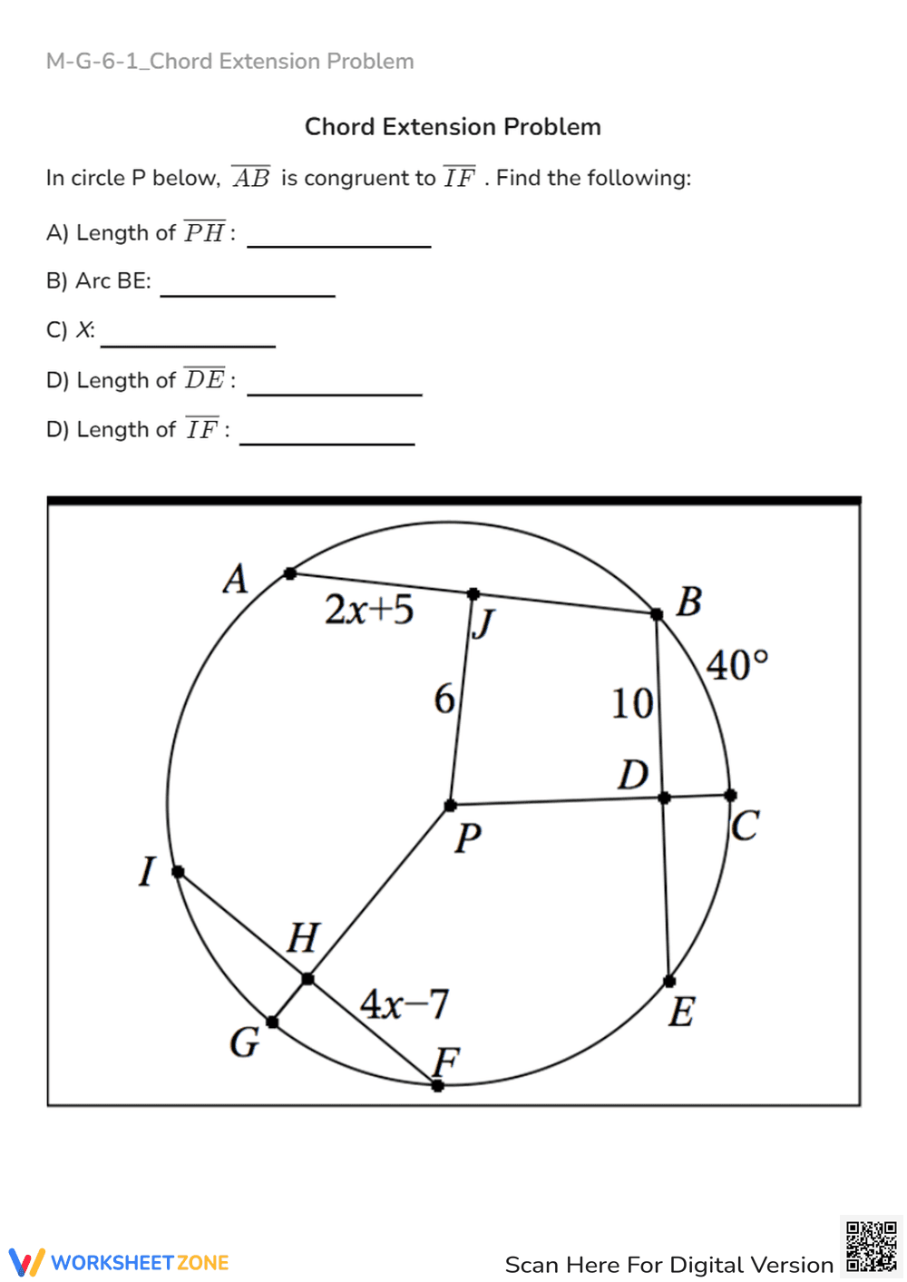 Circle Chord Extension Problems - High School Geometry Practice - Page 1