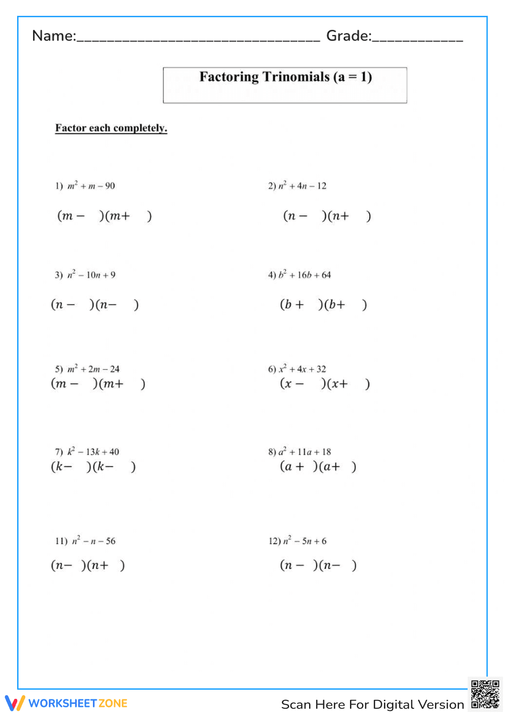 Factoring Trinomials (a=1) Worksheet - Algebra Practice Problems - Page 1