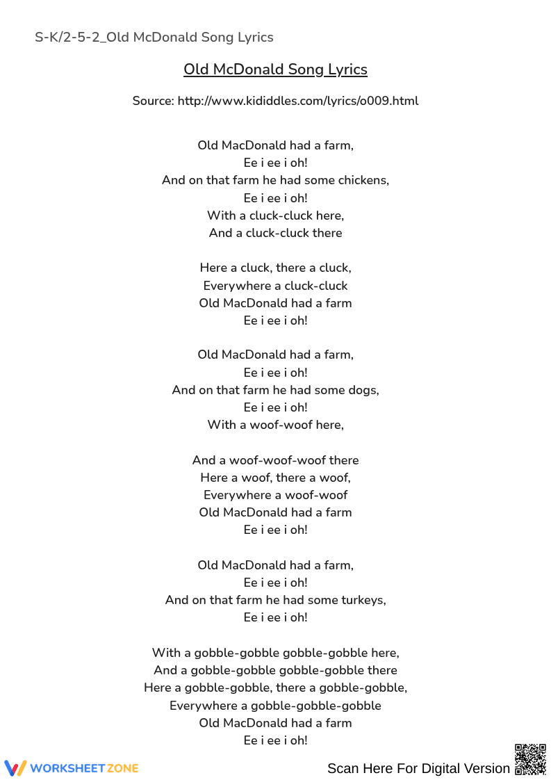 S-K2-5-2_Old McDonald Song Lyrics - Page 1