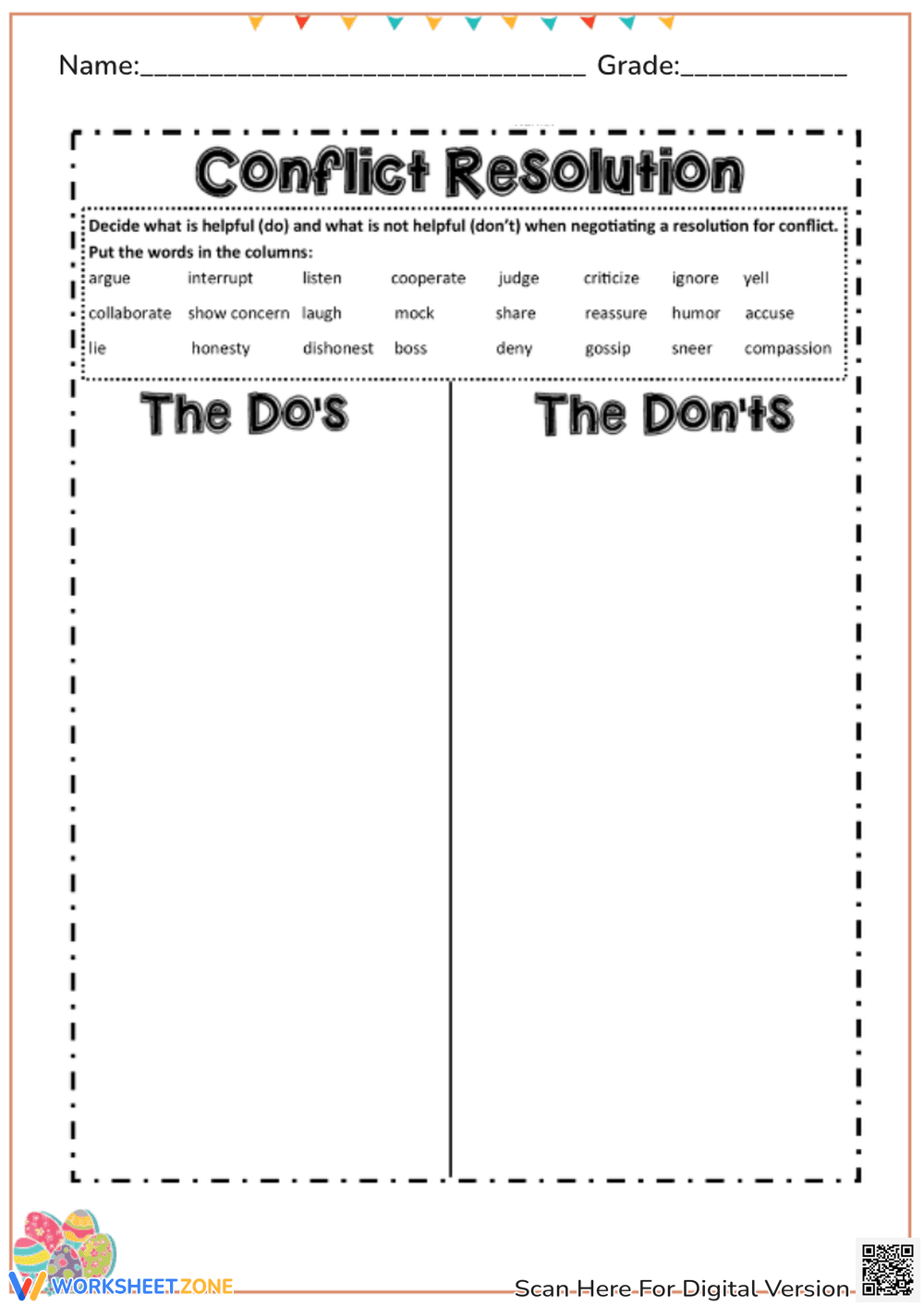 Conflict Resolution: The Do's & Don'ts Worksheet (Grades 3-6) - Page 1