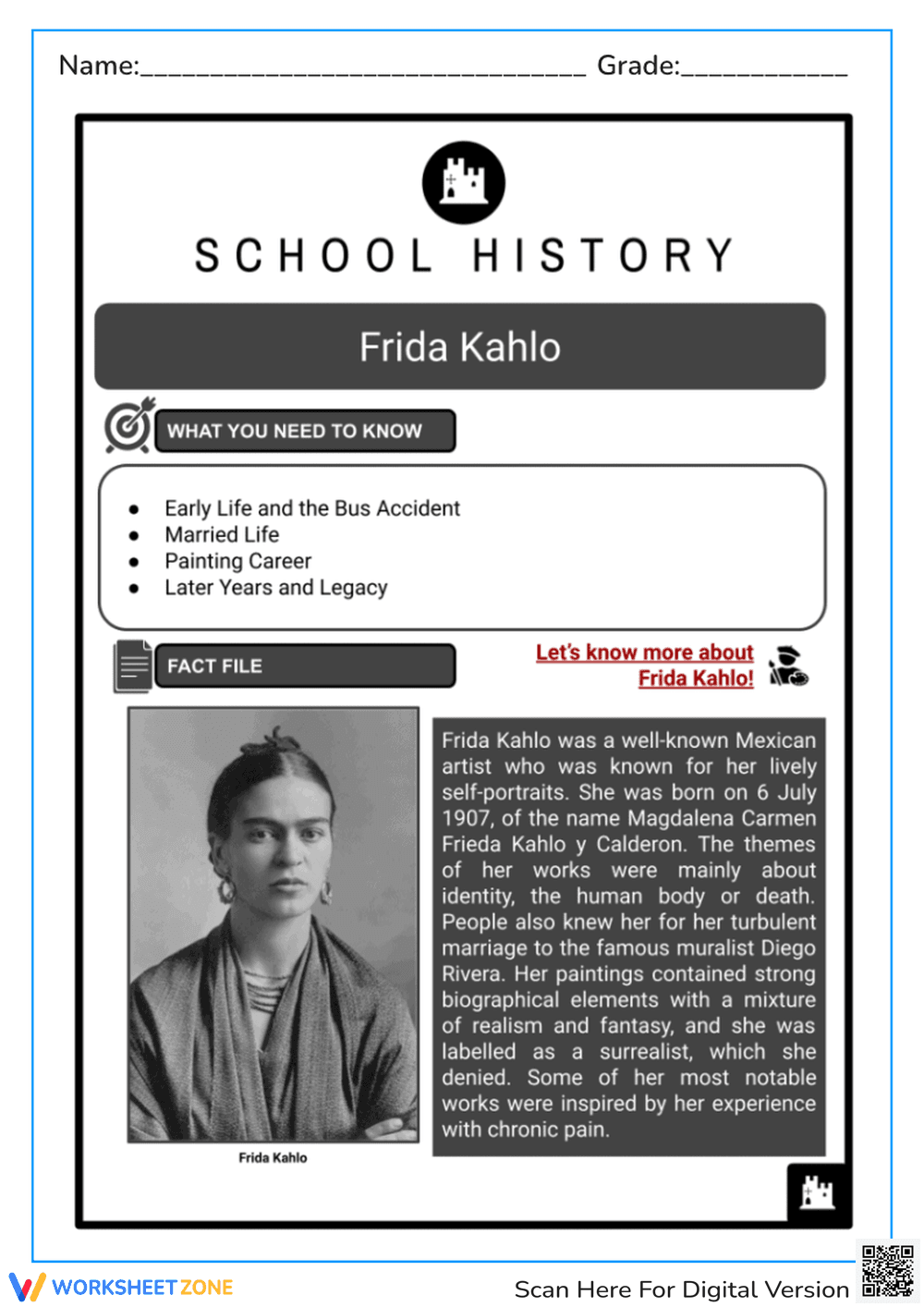 Frida Kahlo Biography Worksheet - Famous Artist Fact File for Kids - Page 1