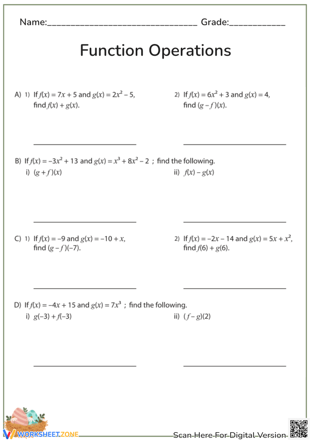 Function Operations Worksheet for Math Practice - Page 1