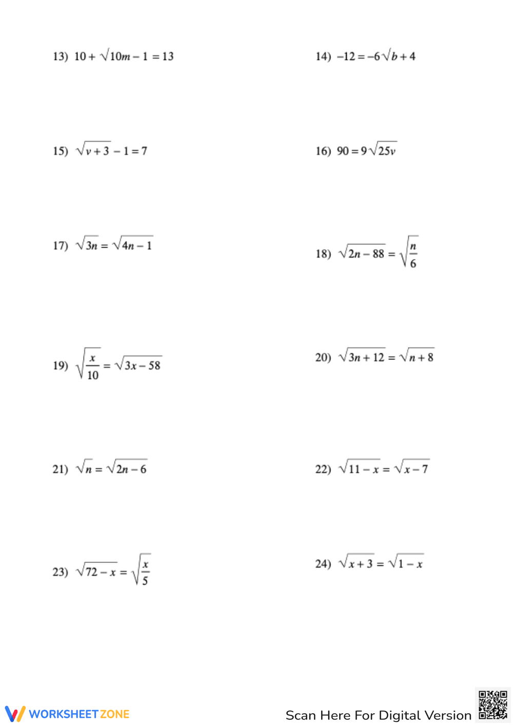 Radical Equations Practice Worksheets - Page 2