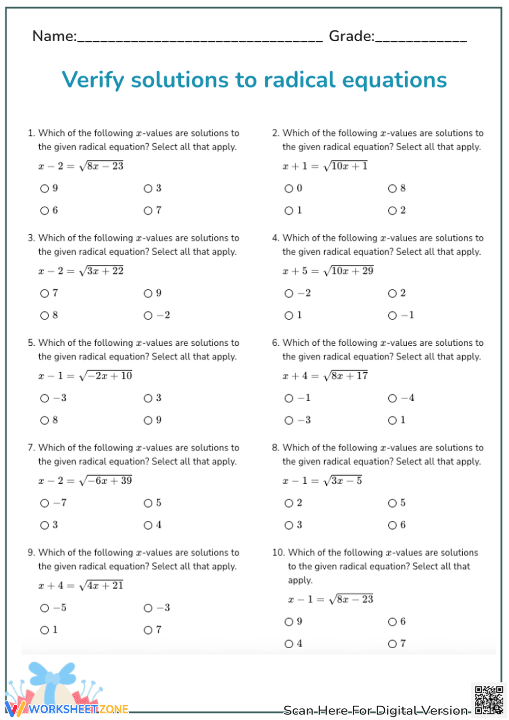 Verify solutions to radical equations - Page 1