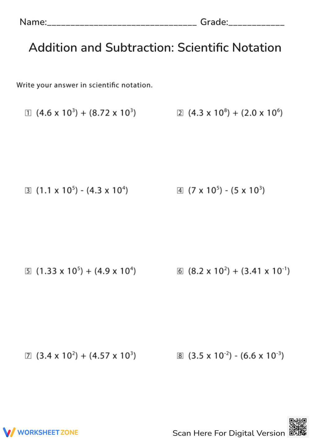 Scientific Notation: Add & Subtract - Math Practice Problems - Page 1