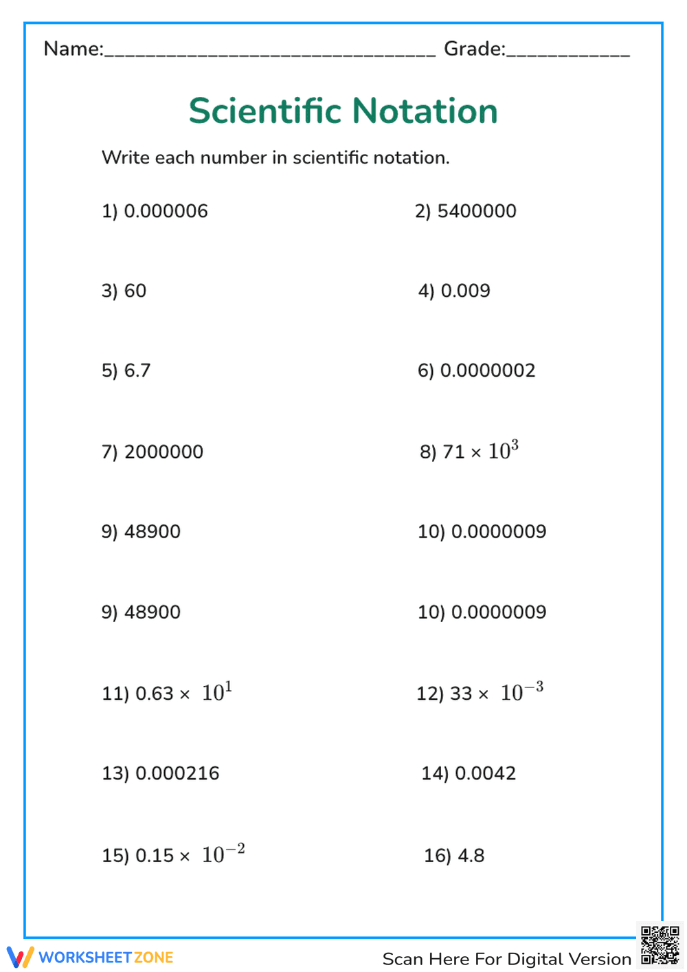 Scientific Notation Practice for Students - Page 1