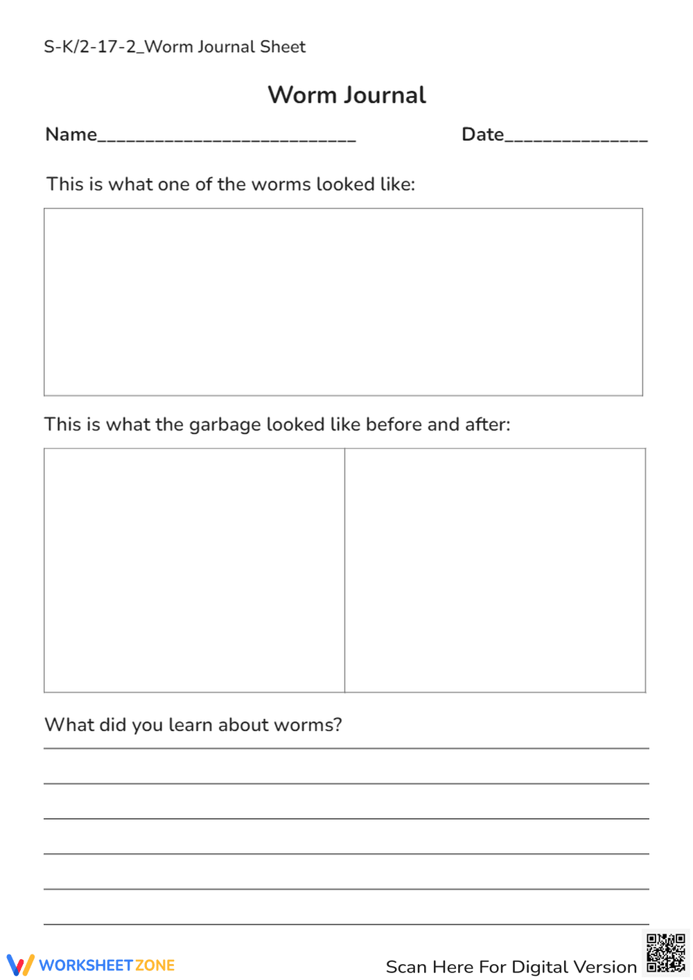 Worm Journal Worksheet: K-2 Science Observation & Drawing Activity - Page 1