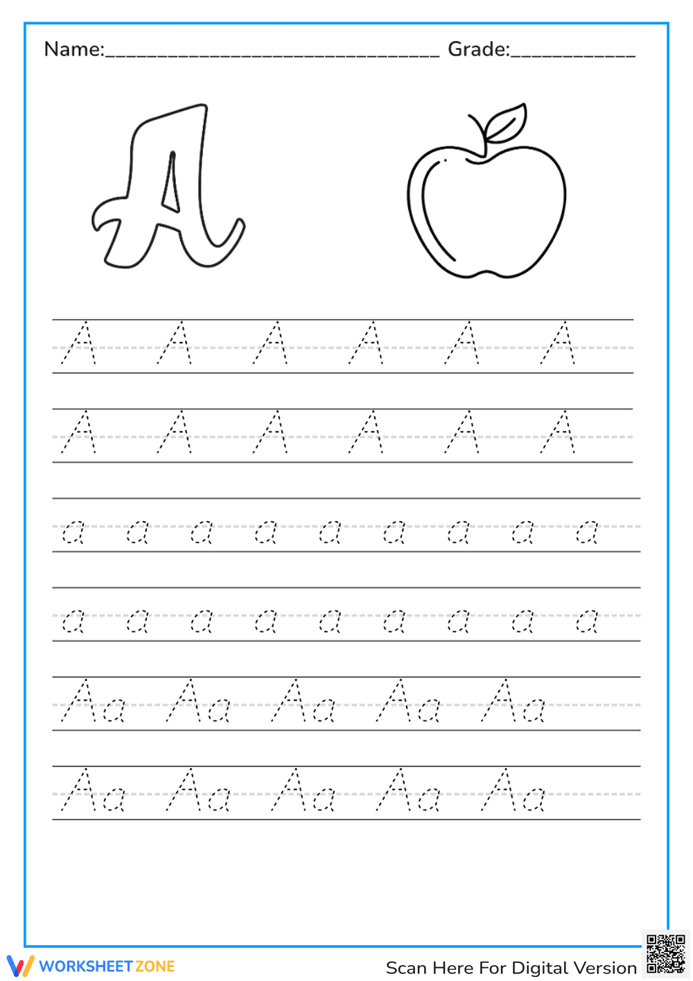 Letter A for Apple Tracing Worksheet - Page 1