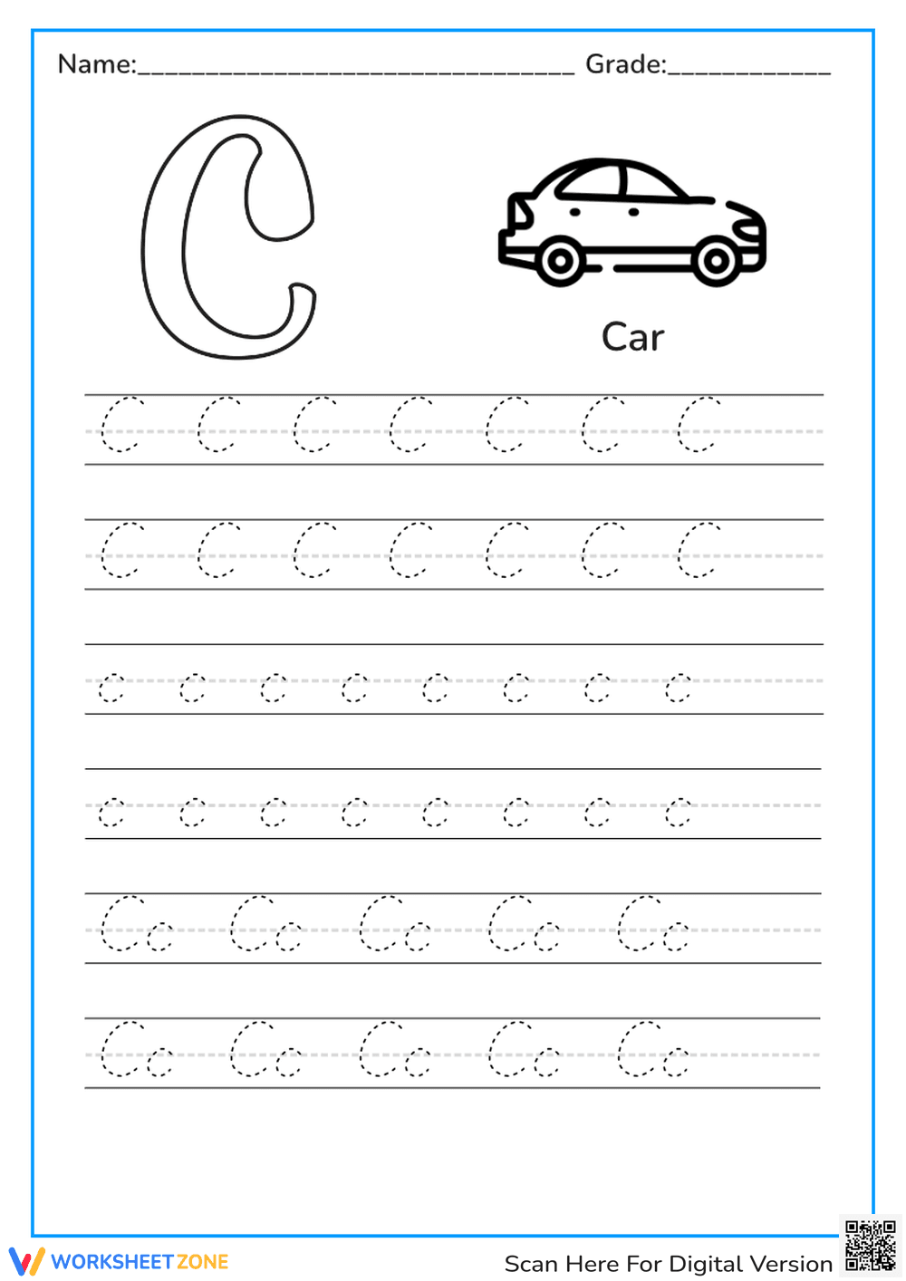 Letter C Tracing Worksheet | Car Fun! - Page 1