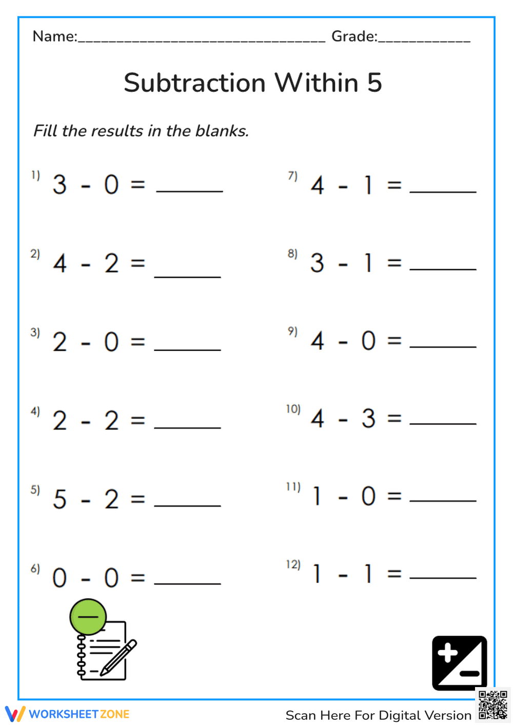 Subtraction Within 5 - Page 1