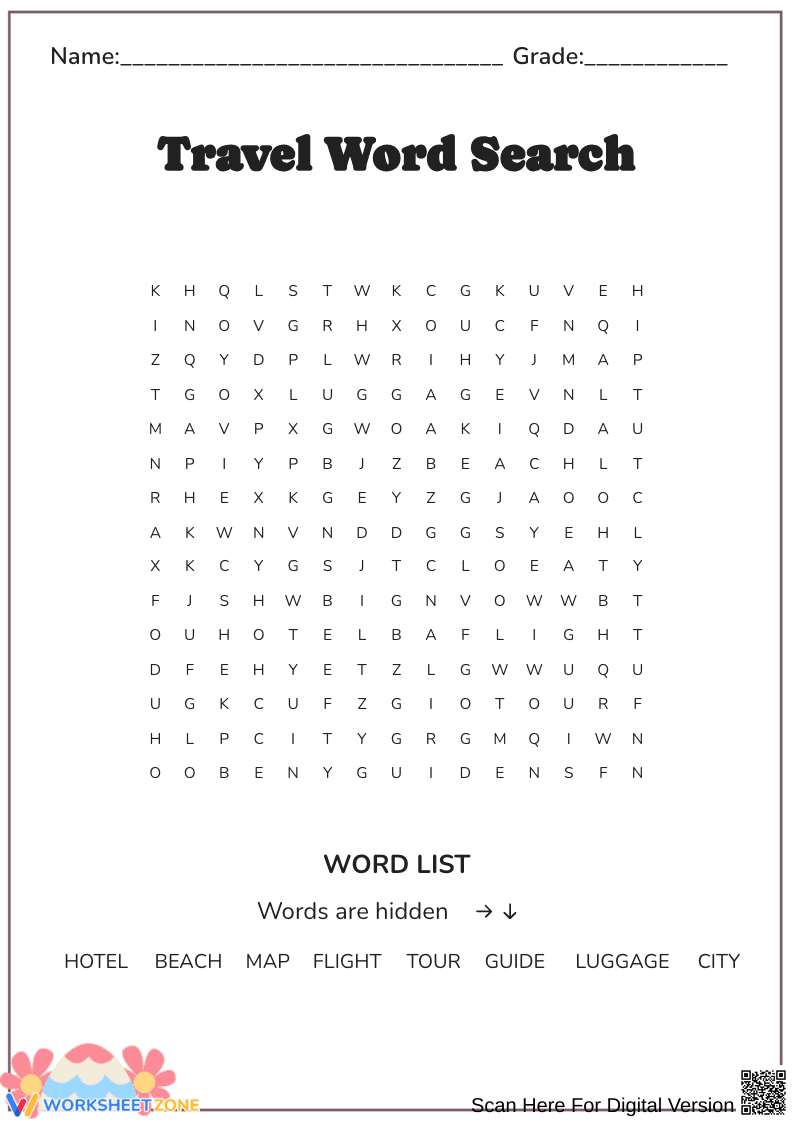 Travel-Themed Word Search Worksheet - Page 1