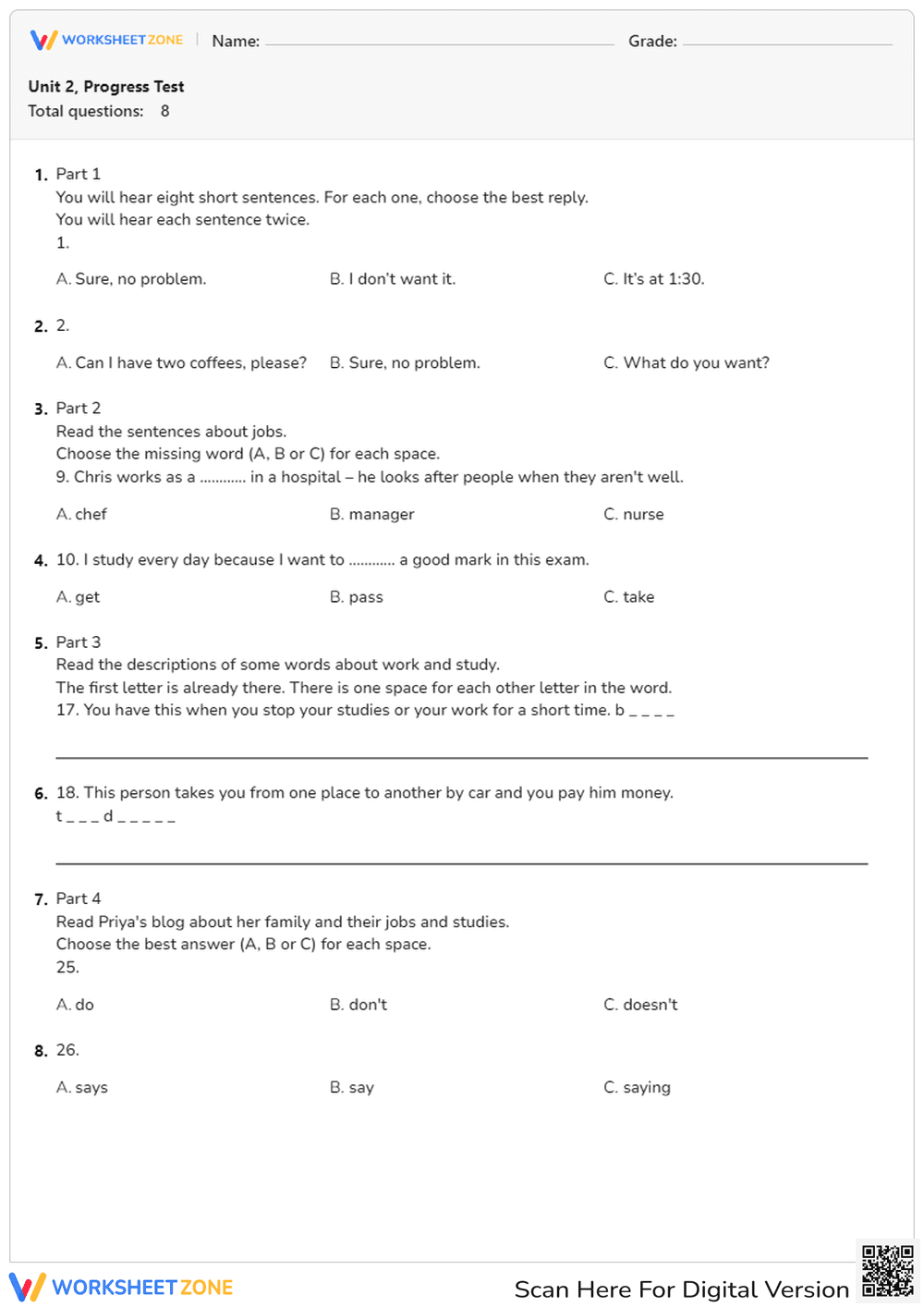 Unit 2, Progress Test - Page 1