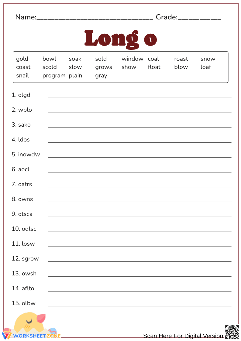 Long "O" Sound Word Scramble - Page 1