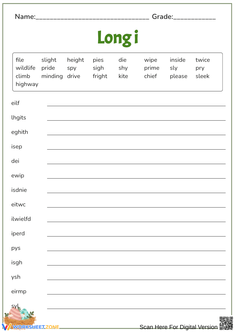 Long "I" Sound Word Scramble - Page 1