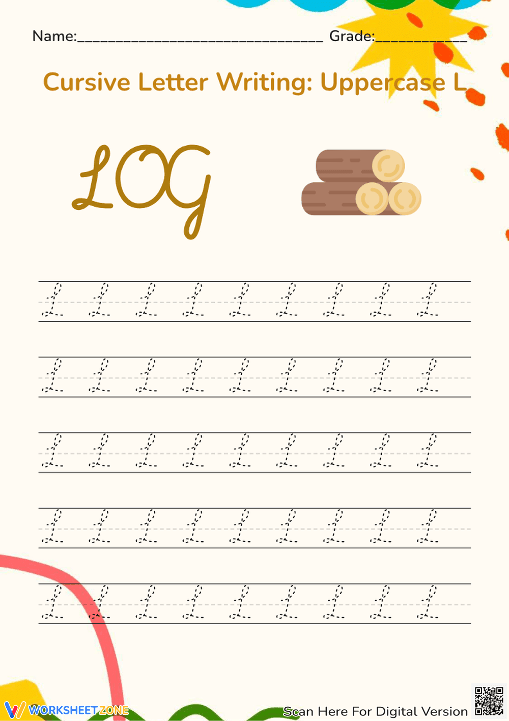 Uppercase L Cursive Writing with Log Theme - Page 1