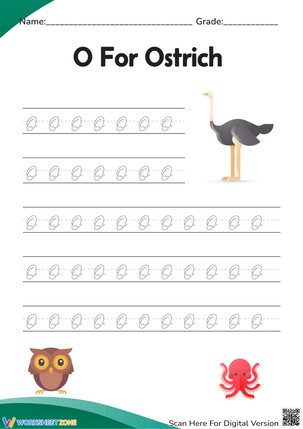 Cursive O Practice with Ostrich and Friends - Page 1