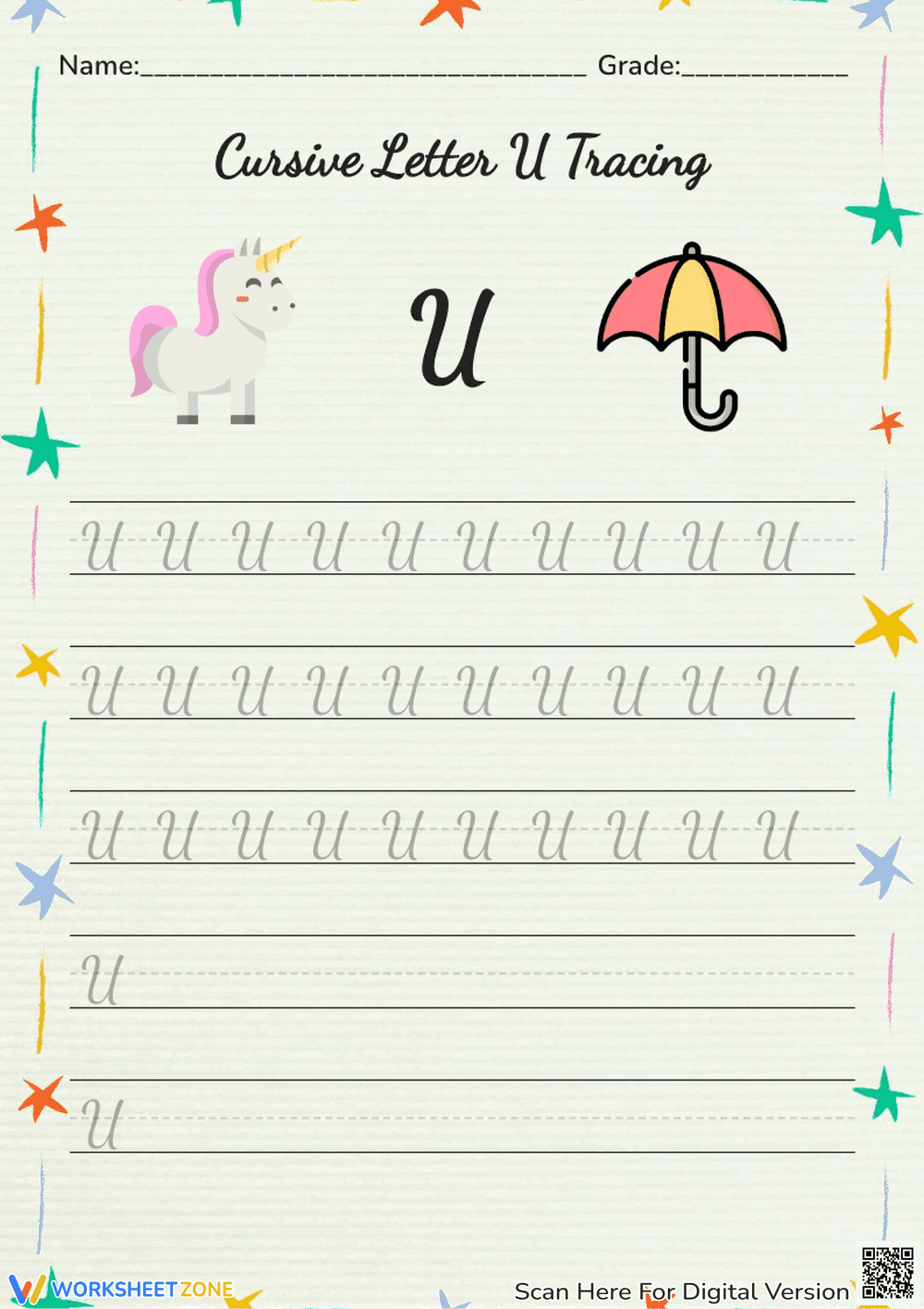 Cursive Letter U Practice Sheet with Pictures - Page 1