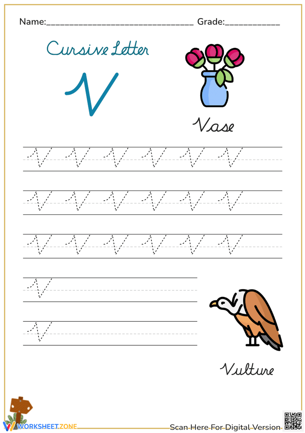 Cursive V Practice: Vase & Vulture - Handwriting Worksheet - Page 1